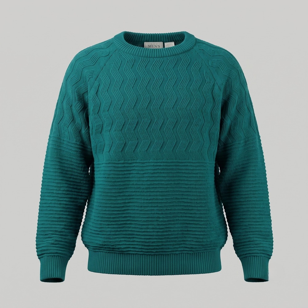 The Mens Store Mens Large Teal Sweater Crew Neck Textured Knit Chevron Vintage